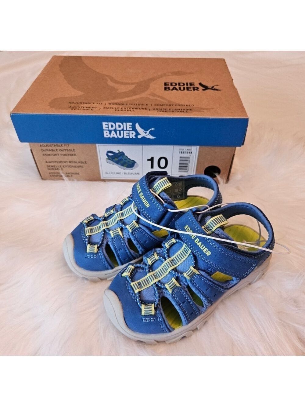 NWT Size 10 Blue and Lime Eddie Bauer Bump Toe Sandals with Velcro Strap